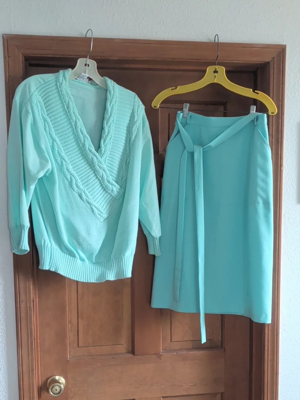 Vintage Set Light Aqua Women's Wrap Tie Skirt Amd Sweater